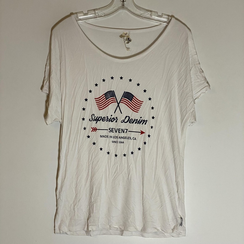 Seven7 Top Womens Medium White Flag Graphic Rayon Scoop Neck Cold Shoulder Tee M